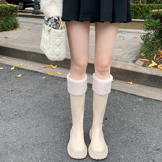 Grape Mom White With Fleece Lining Furry Platform Long Boots