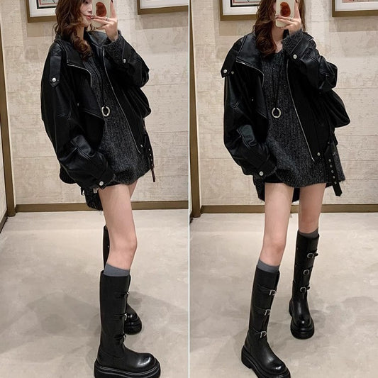 Women's Button Thick Bottom Motorcycle Tube Fleece Boots