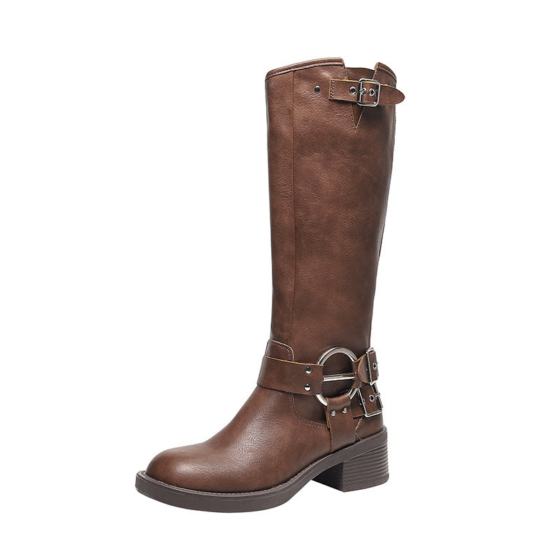 Women's Buckle Chunky Martin Below The Knee British Style Plus Boots