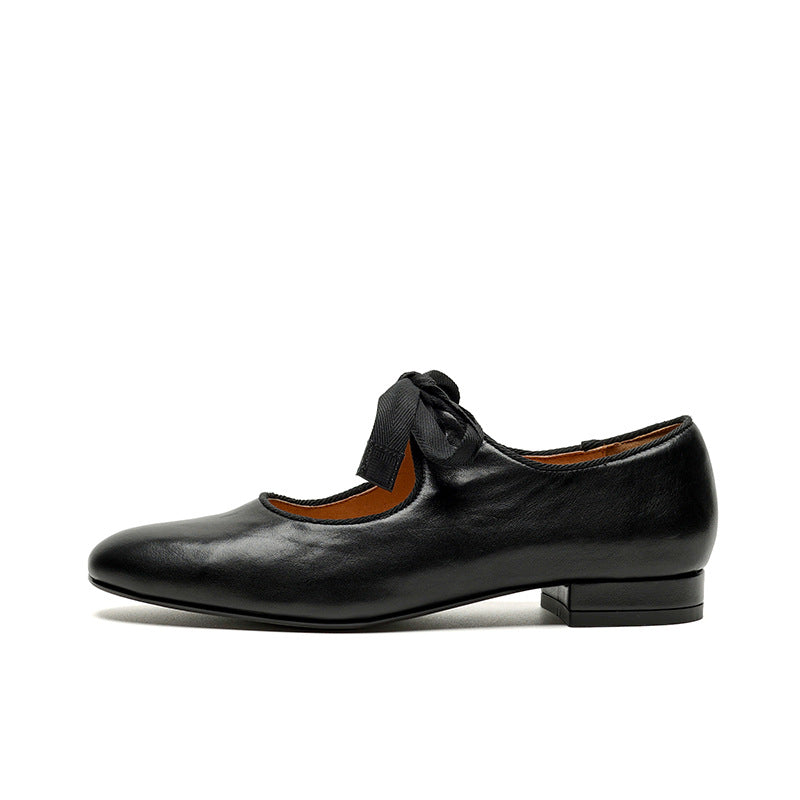 First Layer Cowhide Bow Retro Solid Color Women's Fashion Shoes