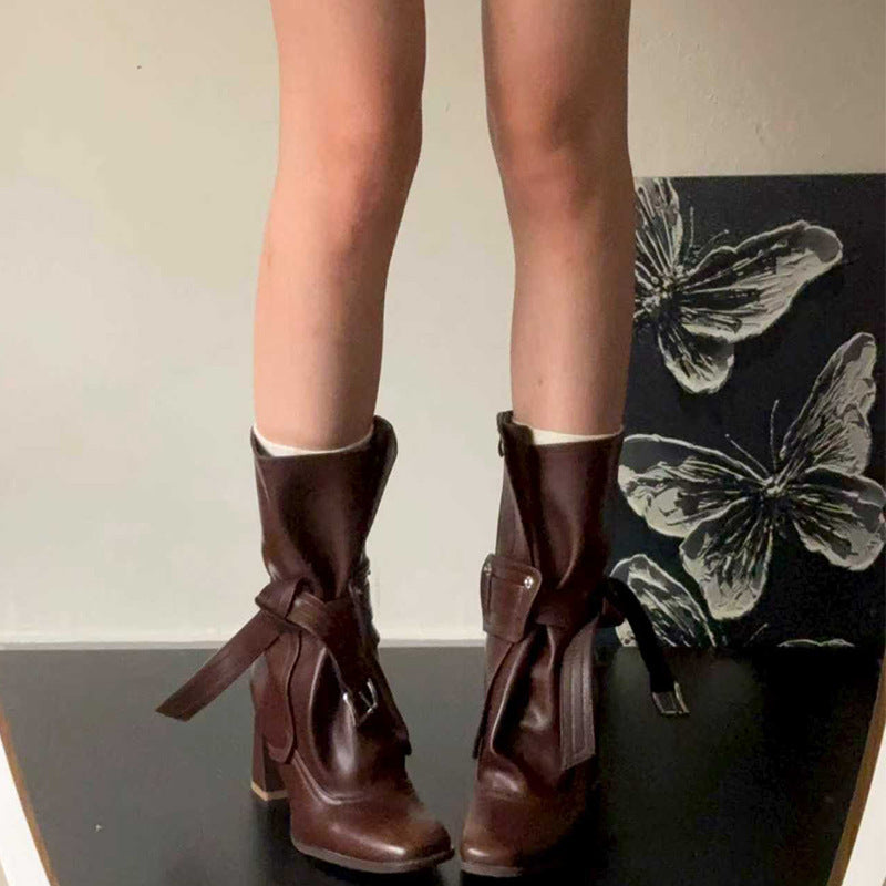 Women's Short French Fashion High Chunky Simple Retro Minority Women's Leather Boots