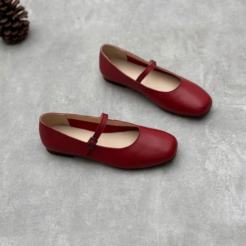 Women's Pumps Artistic Buckle Round Toe Flat Bottom Soft Cowhide Women's Casual Shoes