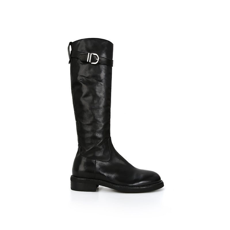 Quality Washed Horse Pattern Chunky Buckle Boots