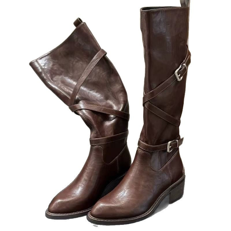 Leg Artifact Thick Bottom Cross Buckle Strap Below The Knee Women's Leather Boots