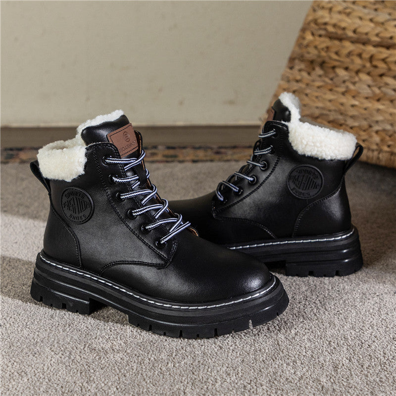Women's Martin Genuine Lamb Wool Short Thick Bottom Women's Leather Boots