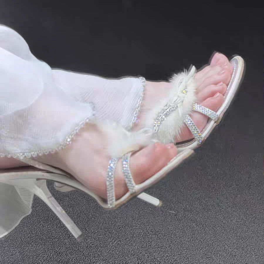 Luxury Mink Fur Stiletto Banquet Party High Heeled Sandals