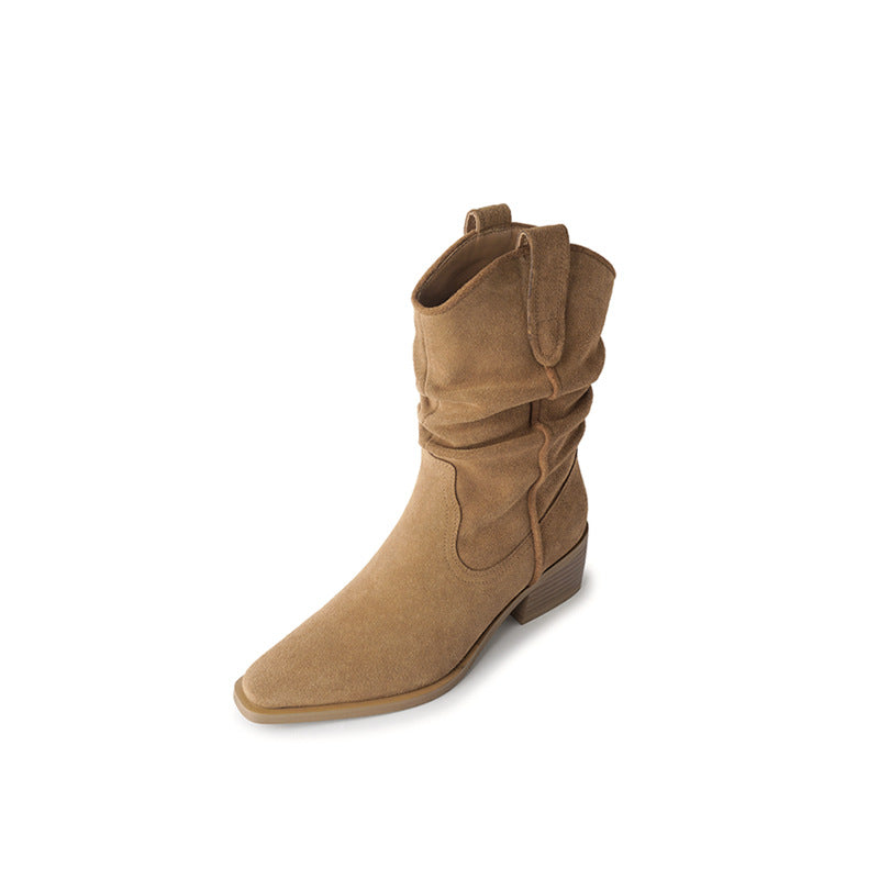Women's Cowboy Frosted Suede Short Middle Pleated Boots