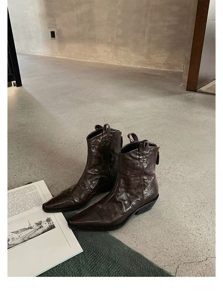 Women's V-shaped Mouth Retro Denim Genuine Skinny Thick Wrinkle Western Short Heels