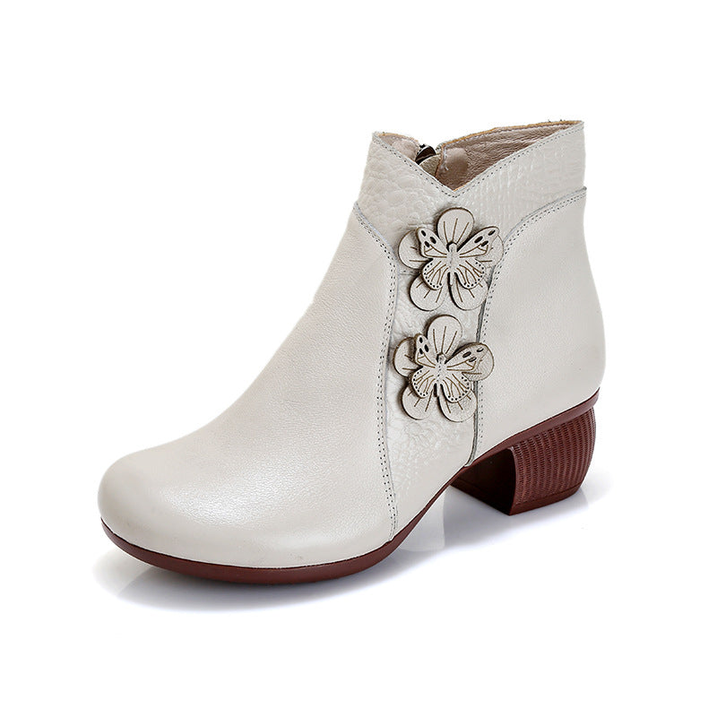 Women's Surface Cattlehide Fashion Medium Chunky Flower Women's Shoes