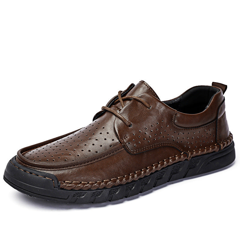 Men's Handmade Stitching Business Round Head Soft Bottom Hollow Punch Men's Casual Leather Shoes