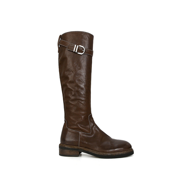 Quality Washed Horse Pattern Chunky Buckle Boots