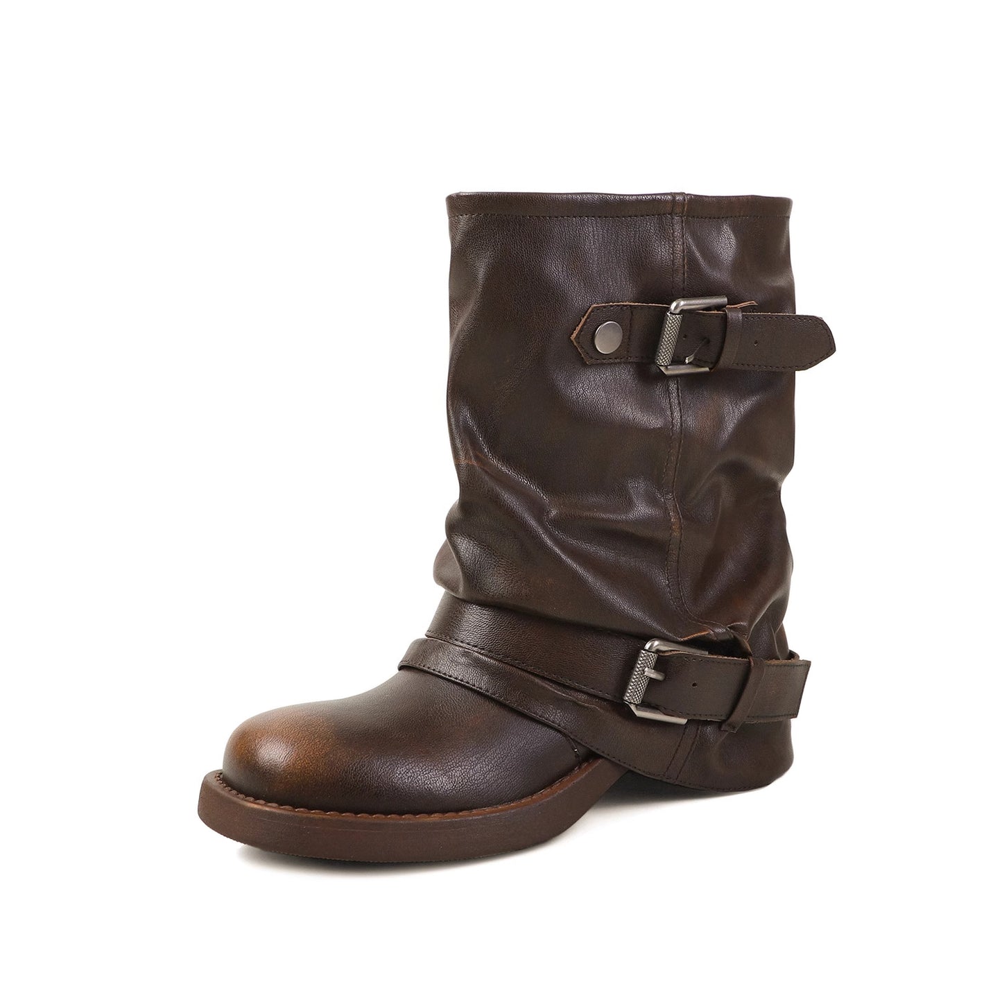 Women's Pants Black Color Pleats Western Cowboy Round Head Chunky Belt Women's Leather Boots