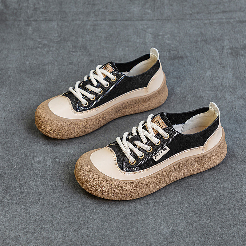 Women's Layer Cowhide Big Head Autumn Retro Color Matching Flat-heeled Casual Shoes