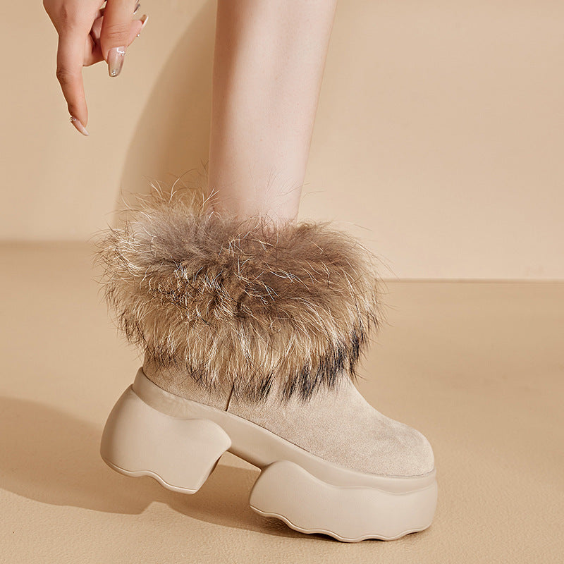 Women's Raccoon Fur Platform Winter Thickened Fleece-lined Cotton Snow Boots