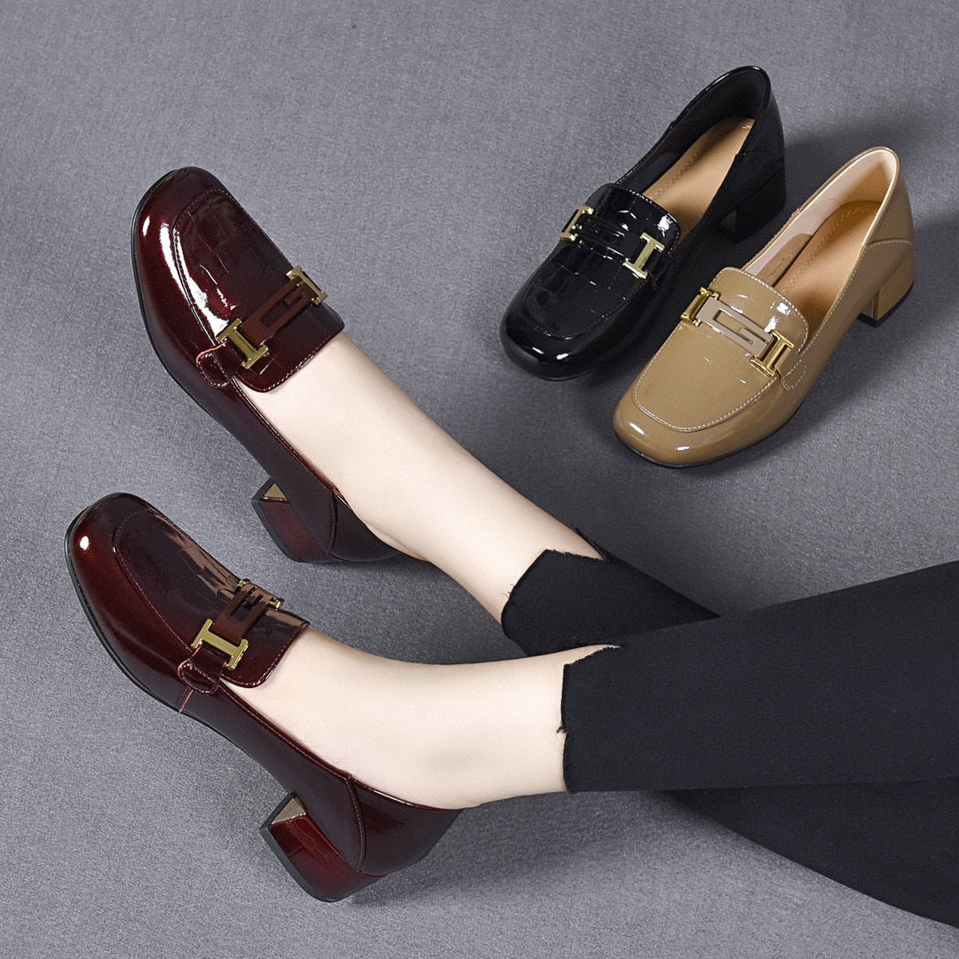 Women's Round Toe Autumn Patent Cowhide Metal Buckle Heels