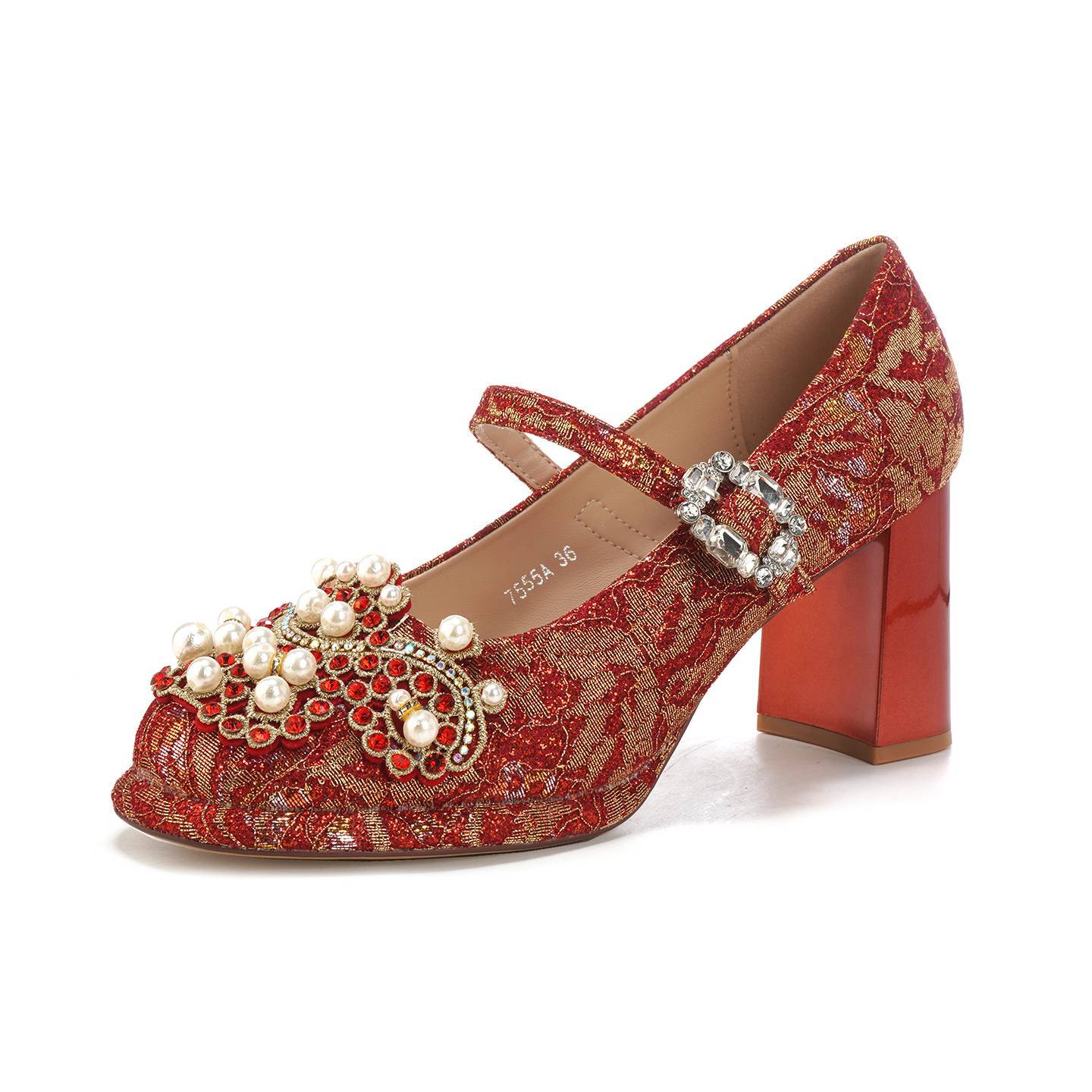 Jacquard Wedding Pearl Rhinestone Chunky Square Toe All-inclusive Heels