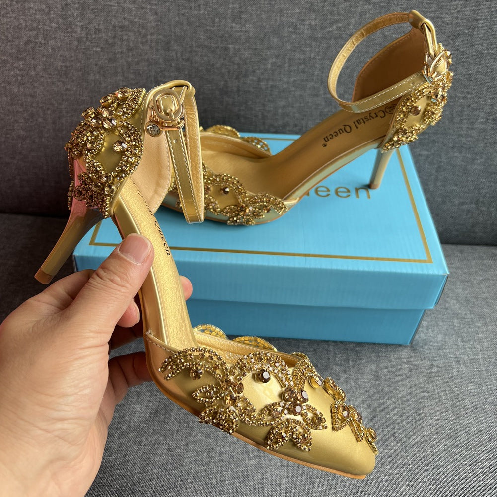 Pointed Plus Size Stiletto Toe Rhinestone High Golden Heels
