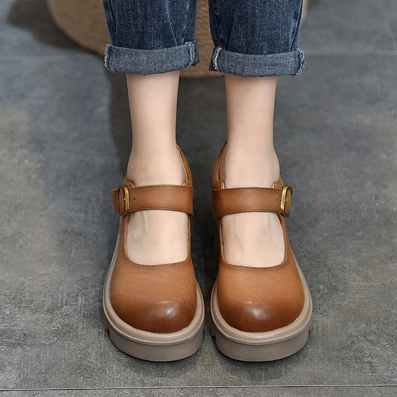 Shallow Mouth Cowhide Platform Female Round Toe Casual Shoes
