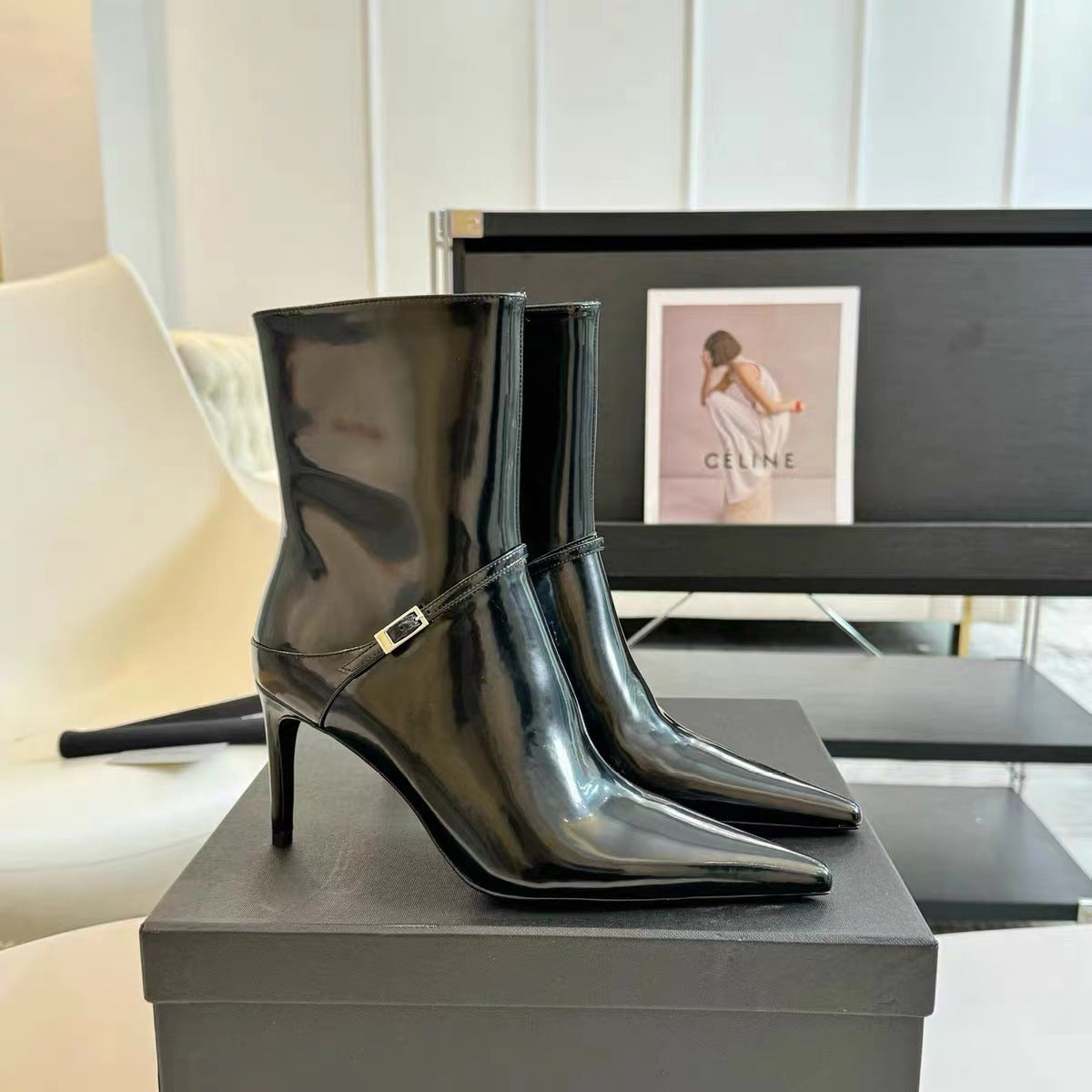 Women's Ankle Black Metal Buckle Sexy Stiletto Boots