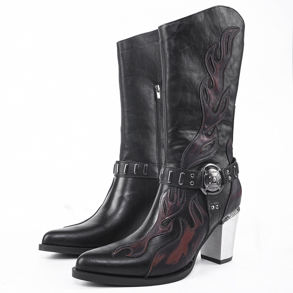 Size Polished Flame Middle Side Zipper Fashion Retro Chunky Western Women's Leather Boots