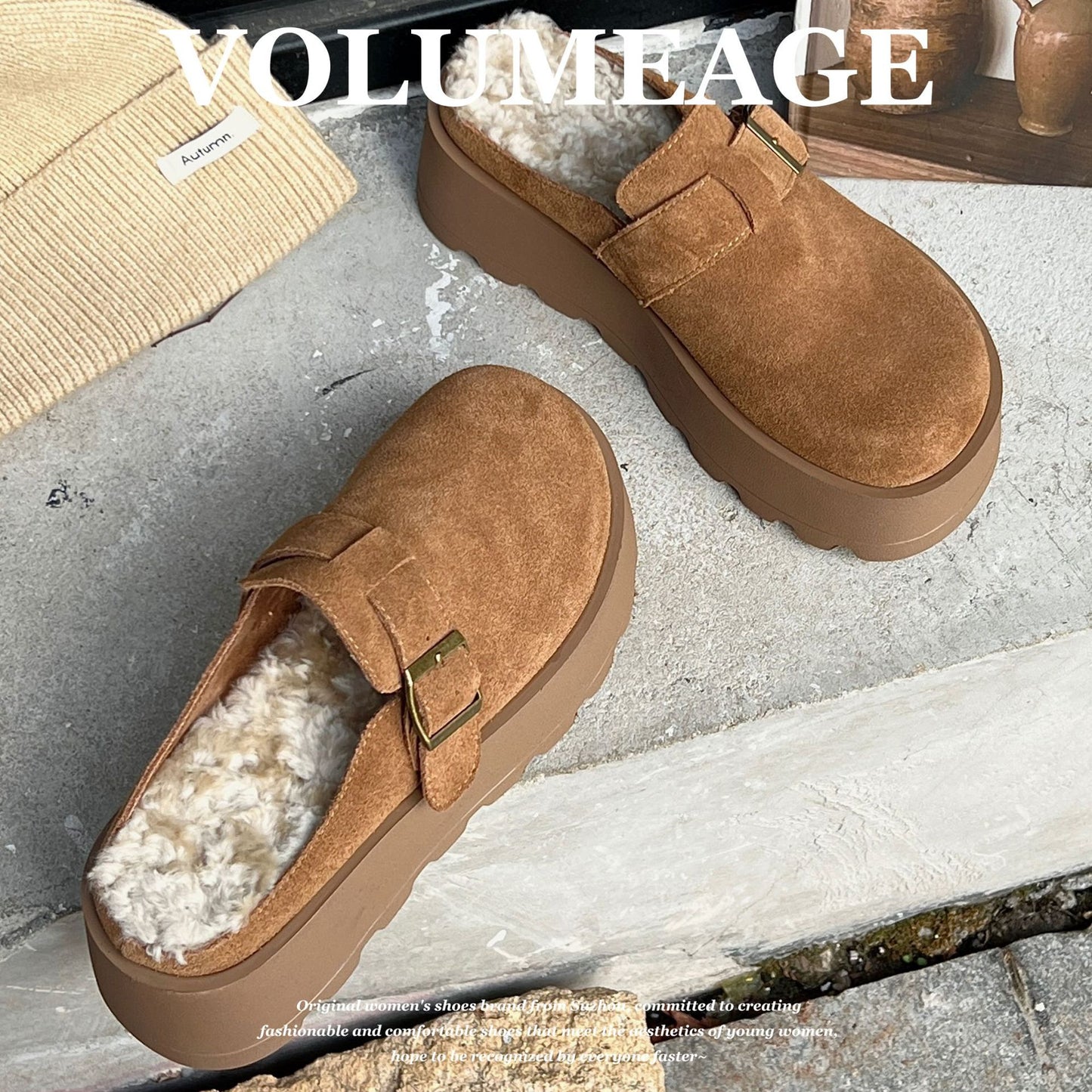 Women's Cowhide Fluffy Outer Wear Winter Fleece-lined Slippers