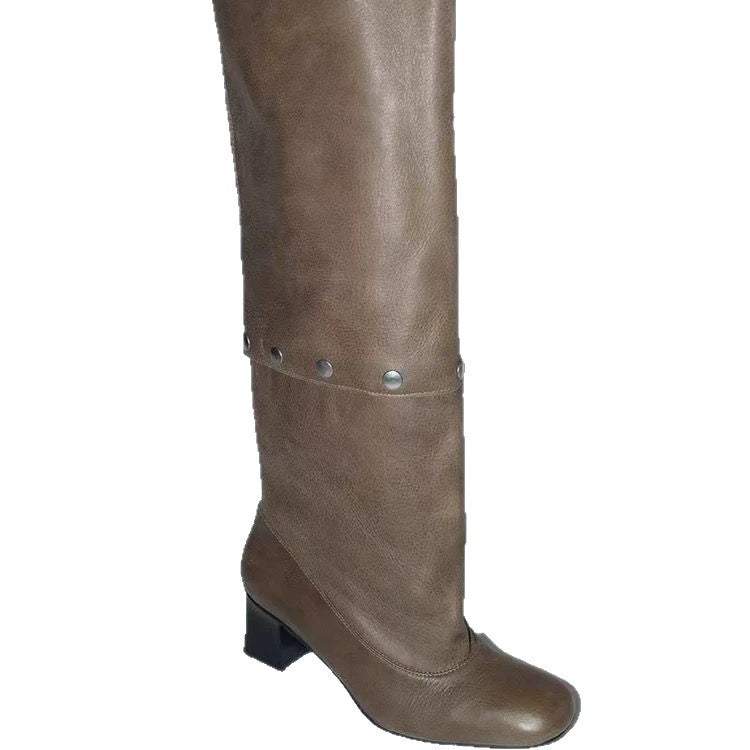 Square Toe Brushed Two-way Removable Below The Knee Women's Leather Boots