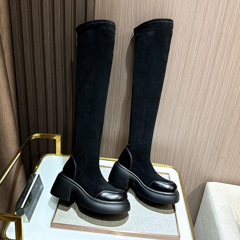 Women's Tube Circumference Plus Size High Platform Stretch Fat Thick Women's Leather Boots