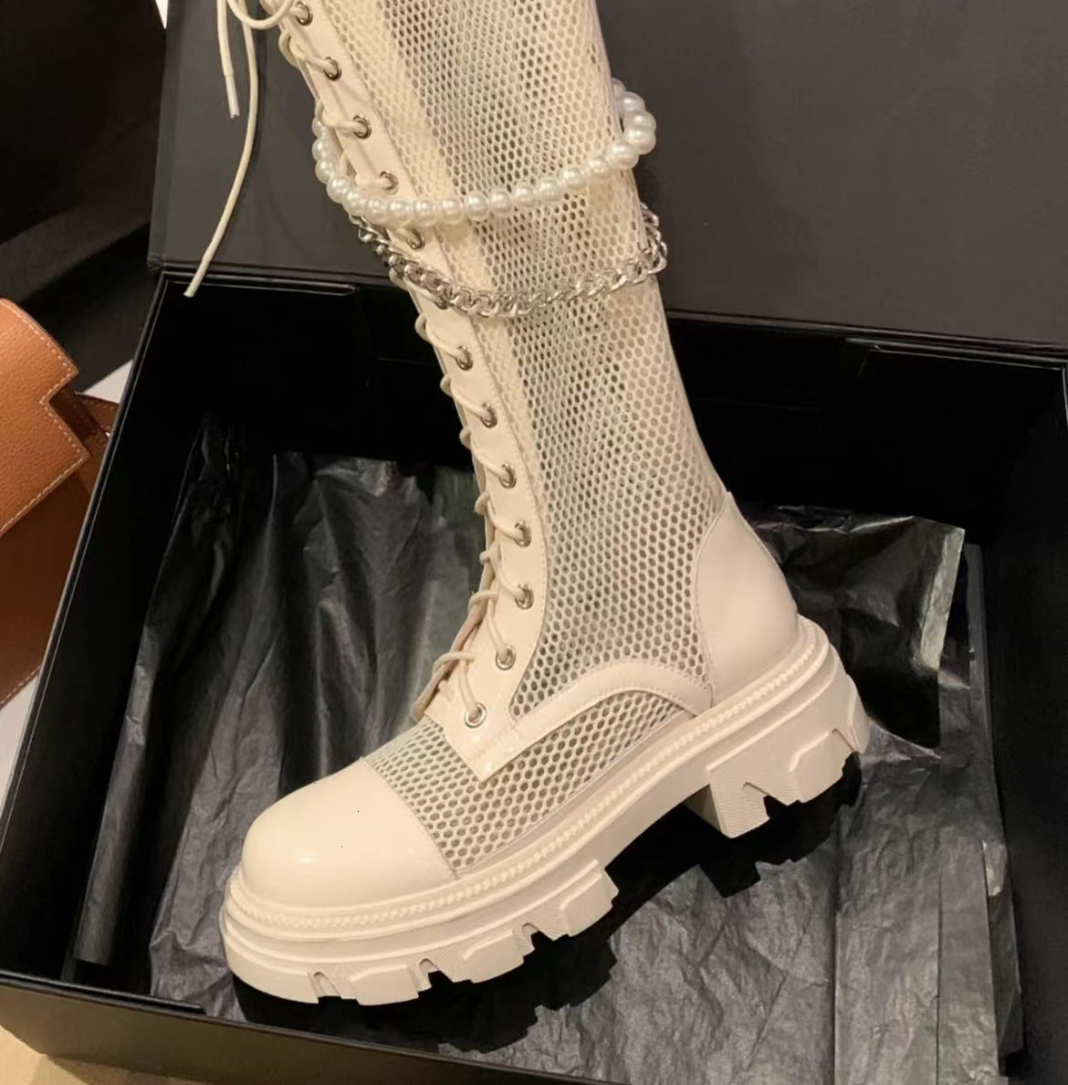 Women's Black Martin Pearl Chain Cool Patent Boots