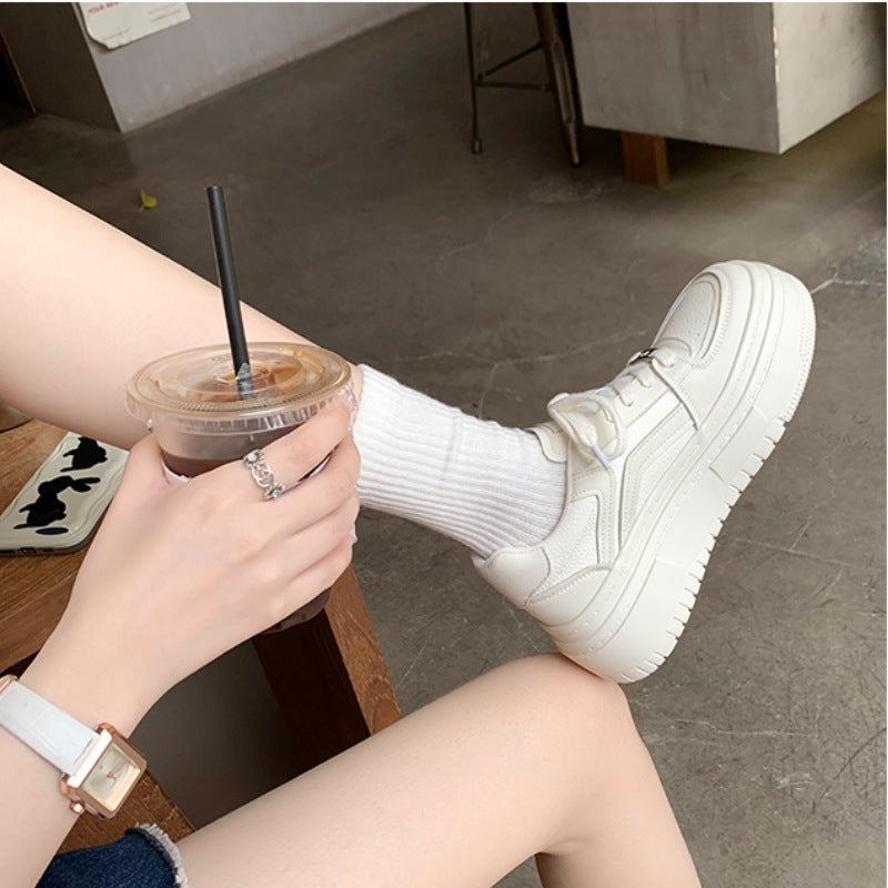 Women's White Round Toe Platform Elevator Wild Casual Shoes