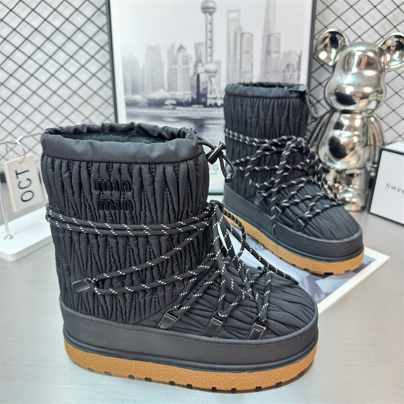 Classic Winter Imported Lamb Wool Pleated Nylon Strap Snow Boots