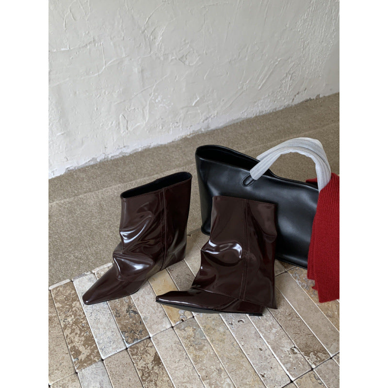 Hot Middle Pantyhose Wedge Early Autumn French Retro Female Women's Leather Boots