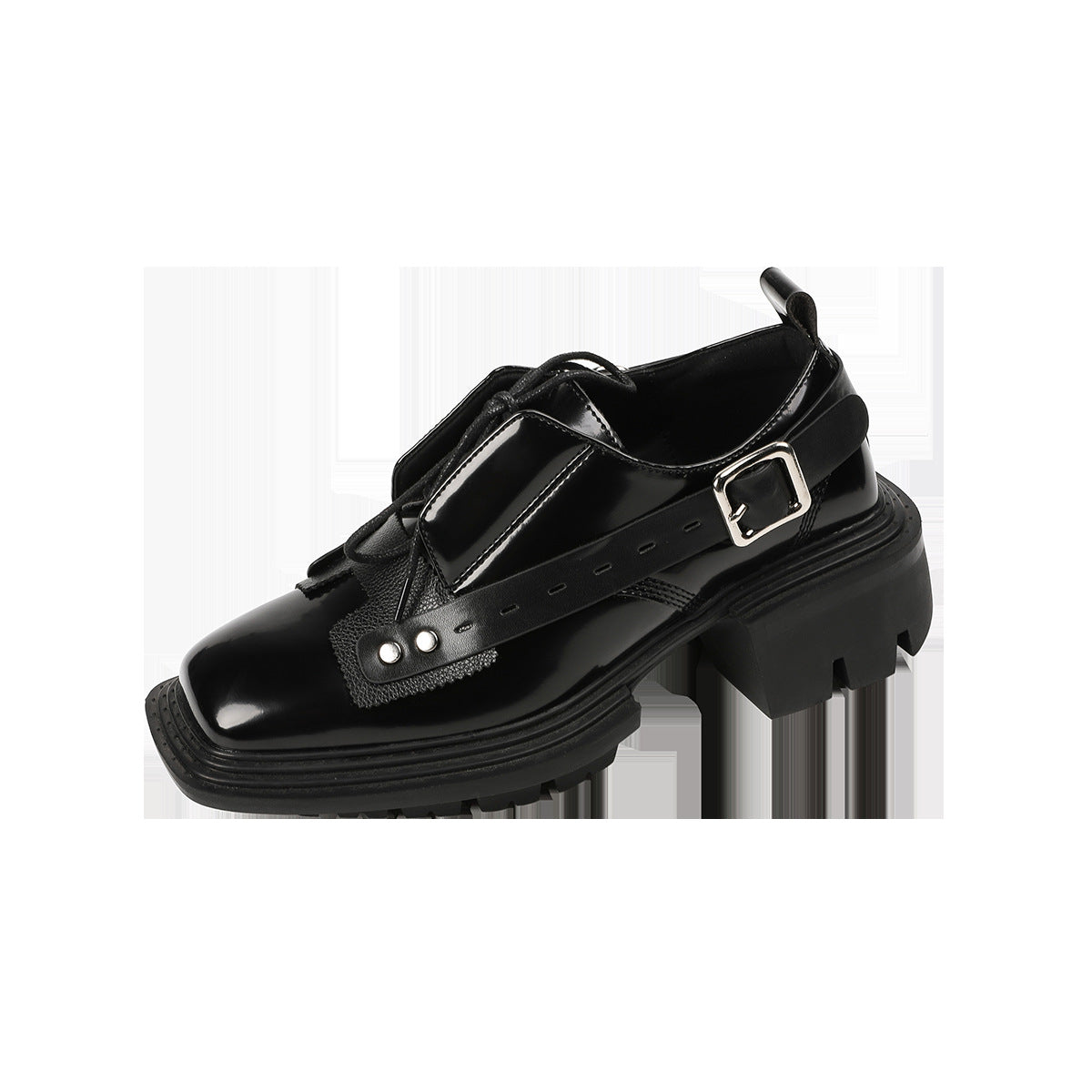 Square Toe Buckle Platform Derby Chunky Heightened Casual Shoes