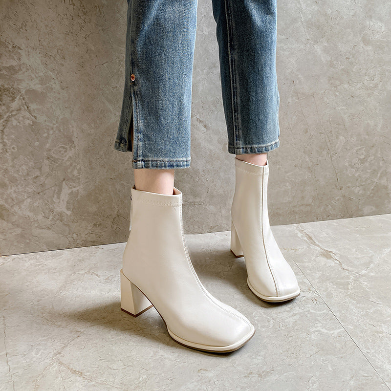 Women's British Style Slimming Square Toe Chunky Boots