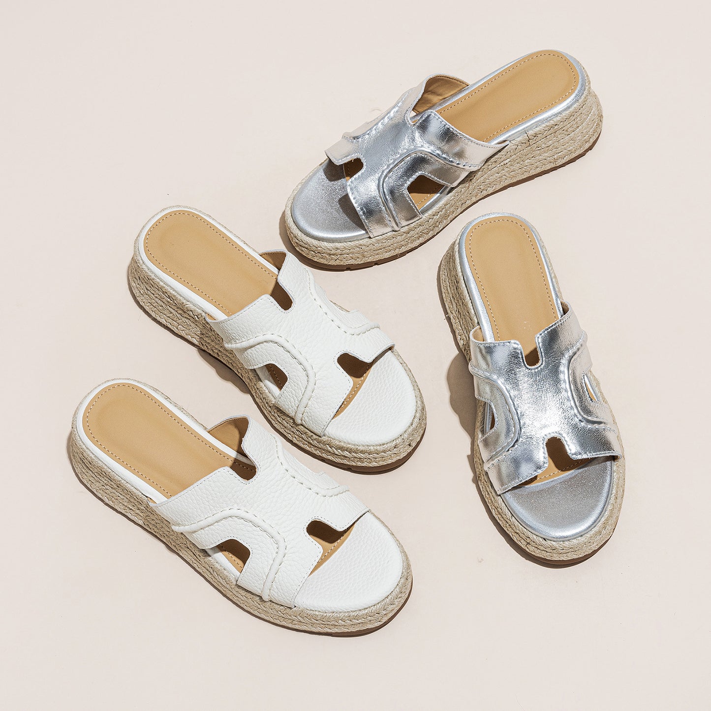Women's Layer Cowhide Platform Height Increasing Lightweight Woven Slippers
