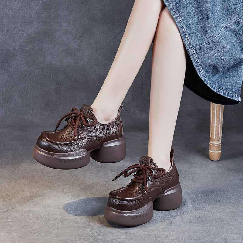 Women's Cowhide Platform Lace Up Round Toe Artistic Casual Shoes