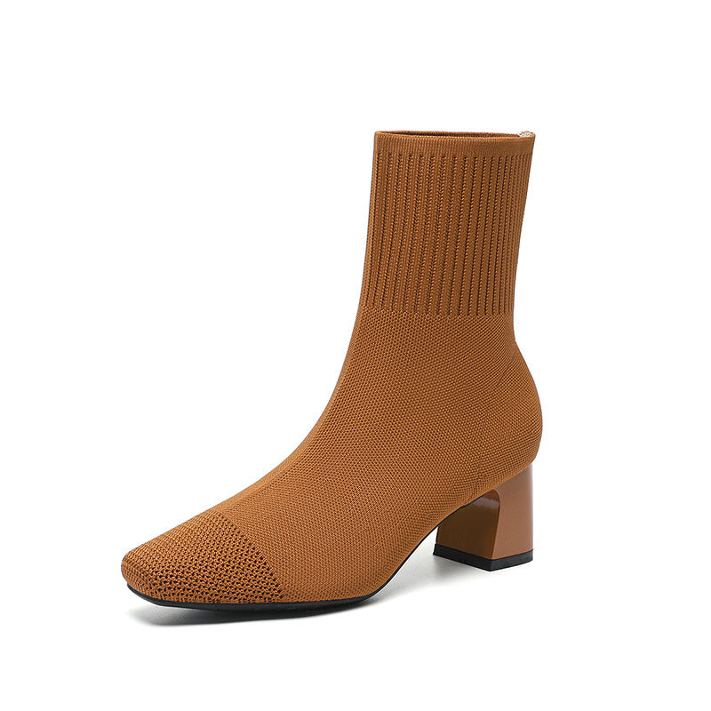 Women's Elastic Chunky Thin Knitted Sock Black Square Boots