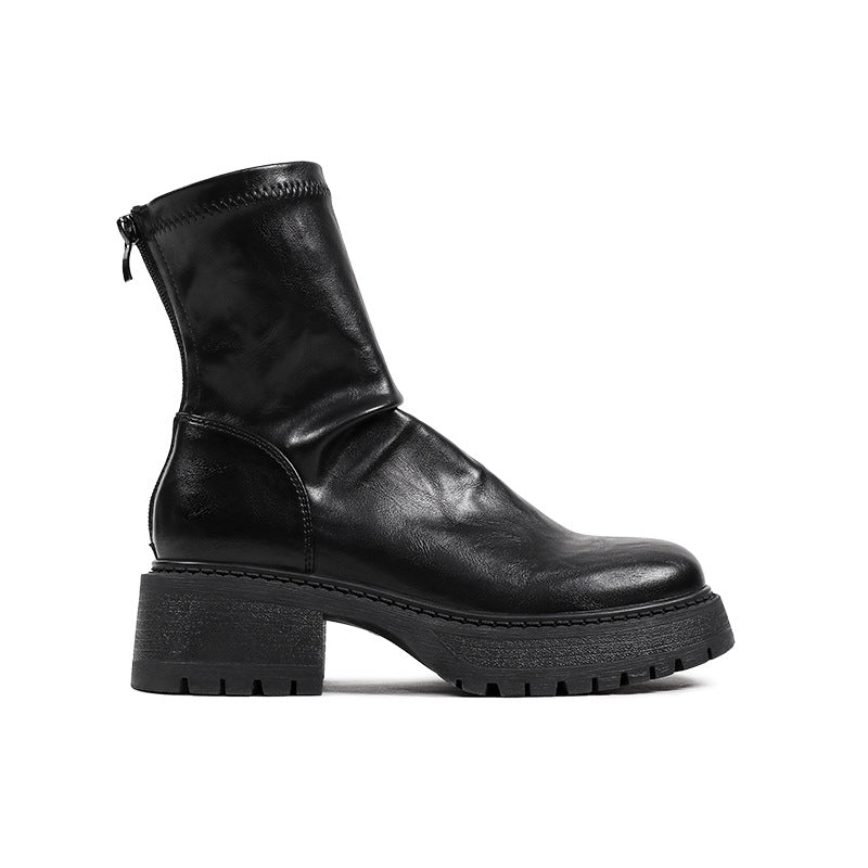 Women's Uncle's Fleece-lined Pleated Skinny Ankle Open Stretch Pile Women's Leather Boots