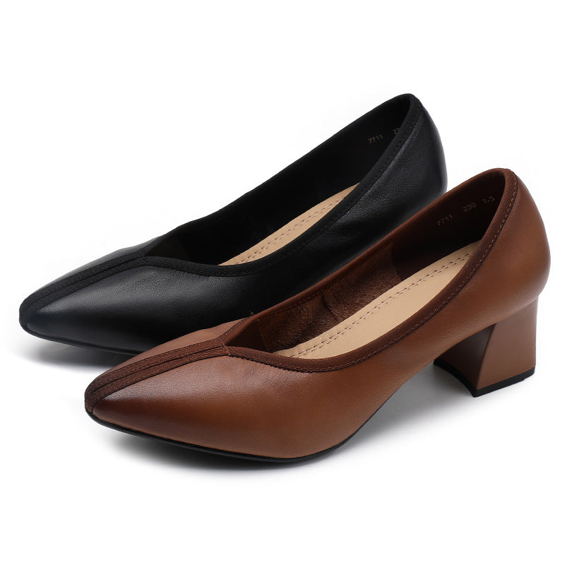 Women's Vintage Mid Pointed Toe Low-cut Chunky Soft Women's Shoes