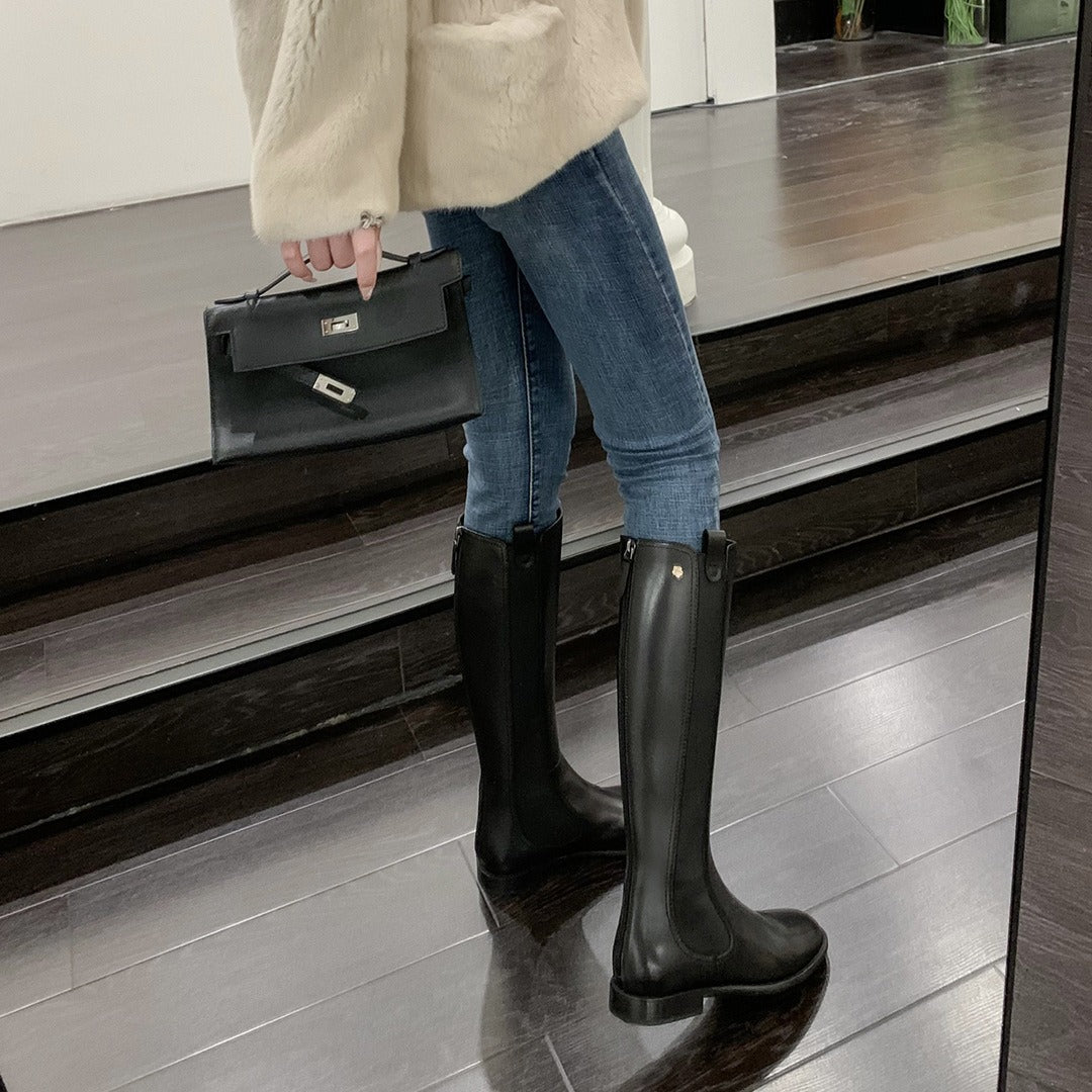 Version Autumn Round Head Stretch Back Zipper Women's Leather Boots