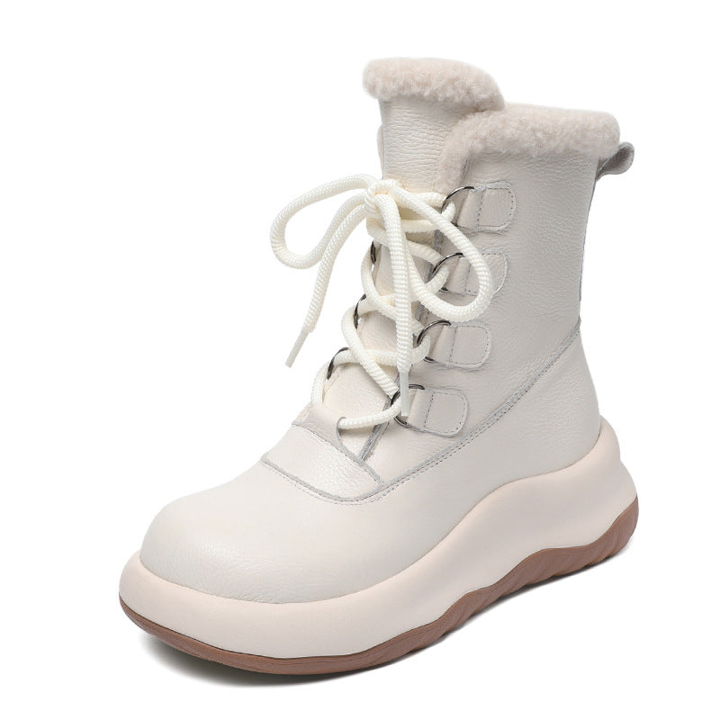 Women's Layer Cowhide Winter Lamb Fleece-lined Thickened Snow Boots