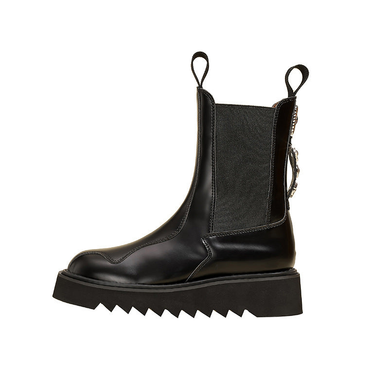 Women's Badge Buckle Height Increasing Chelsea Thick Bottom Short Martin Women's Leather Boots