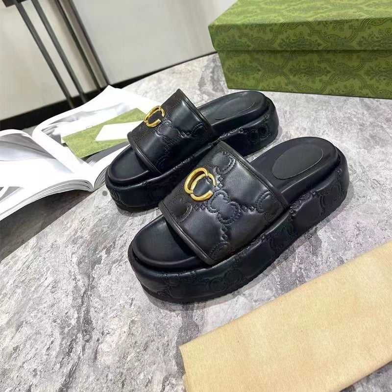 Women's Platform Embroidered Thread Height Increasing Metal Slippers