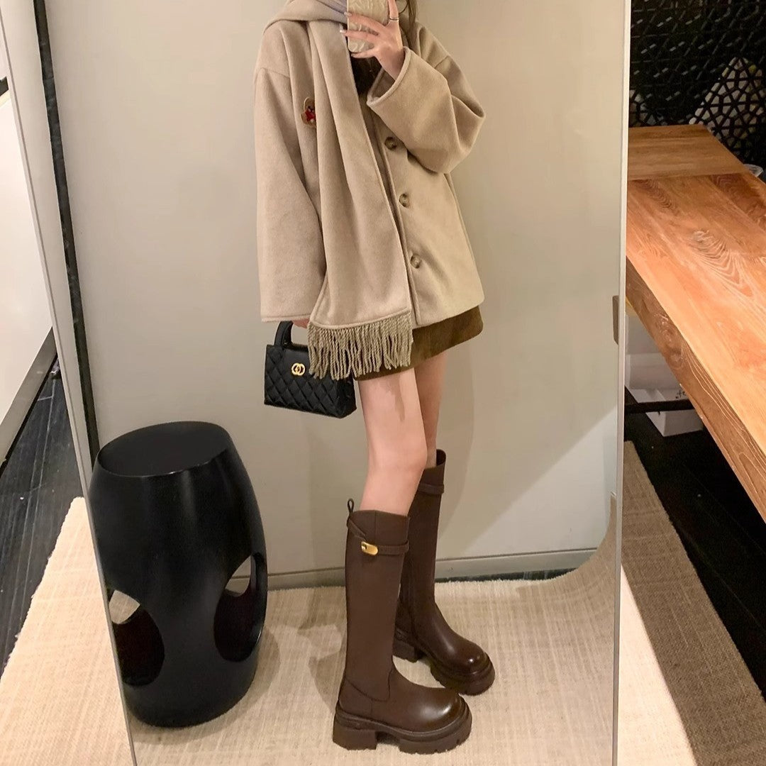 Small Golden Button Bevel Thick Bottom Boots
