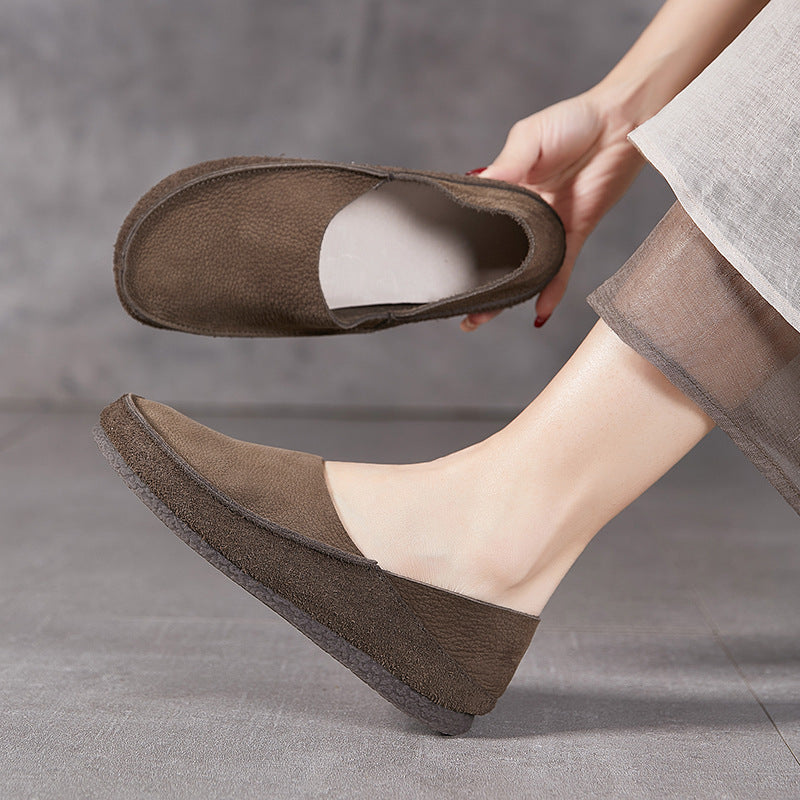 Women's Bottom Retro Round Head Thick Cowhide Casual Shoes