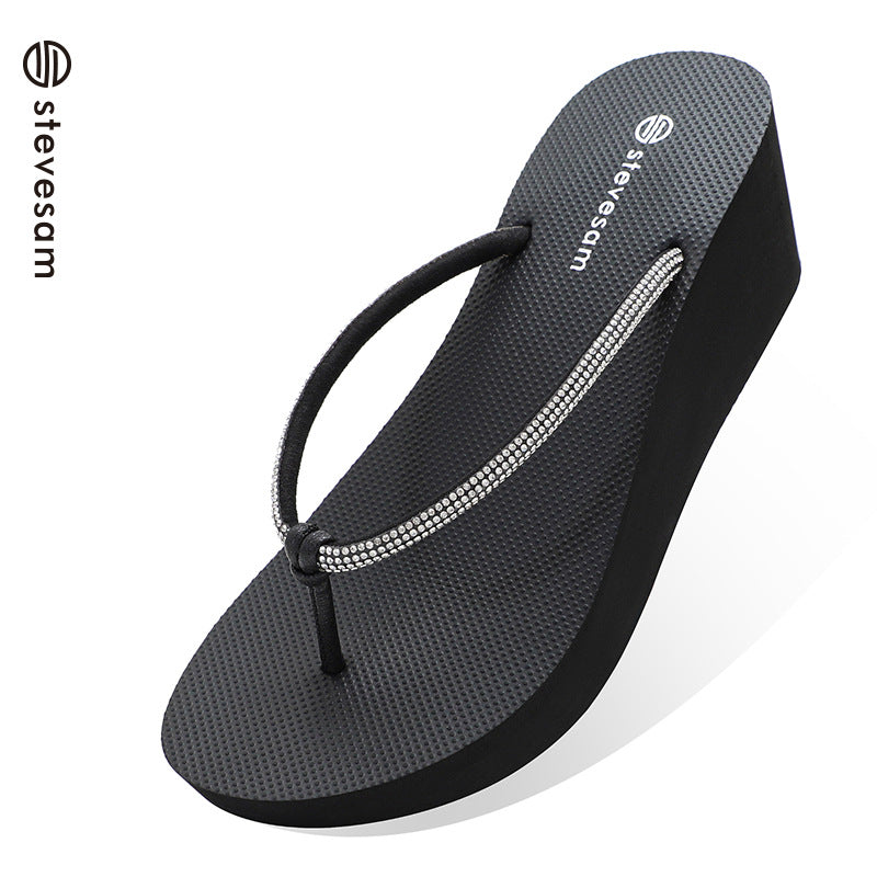 Women's Rhinestone Flip-flops Wedge Platform Thick Bottom Slippers