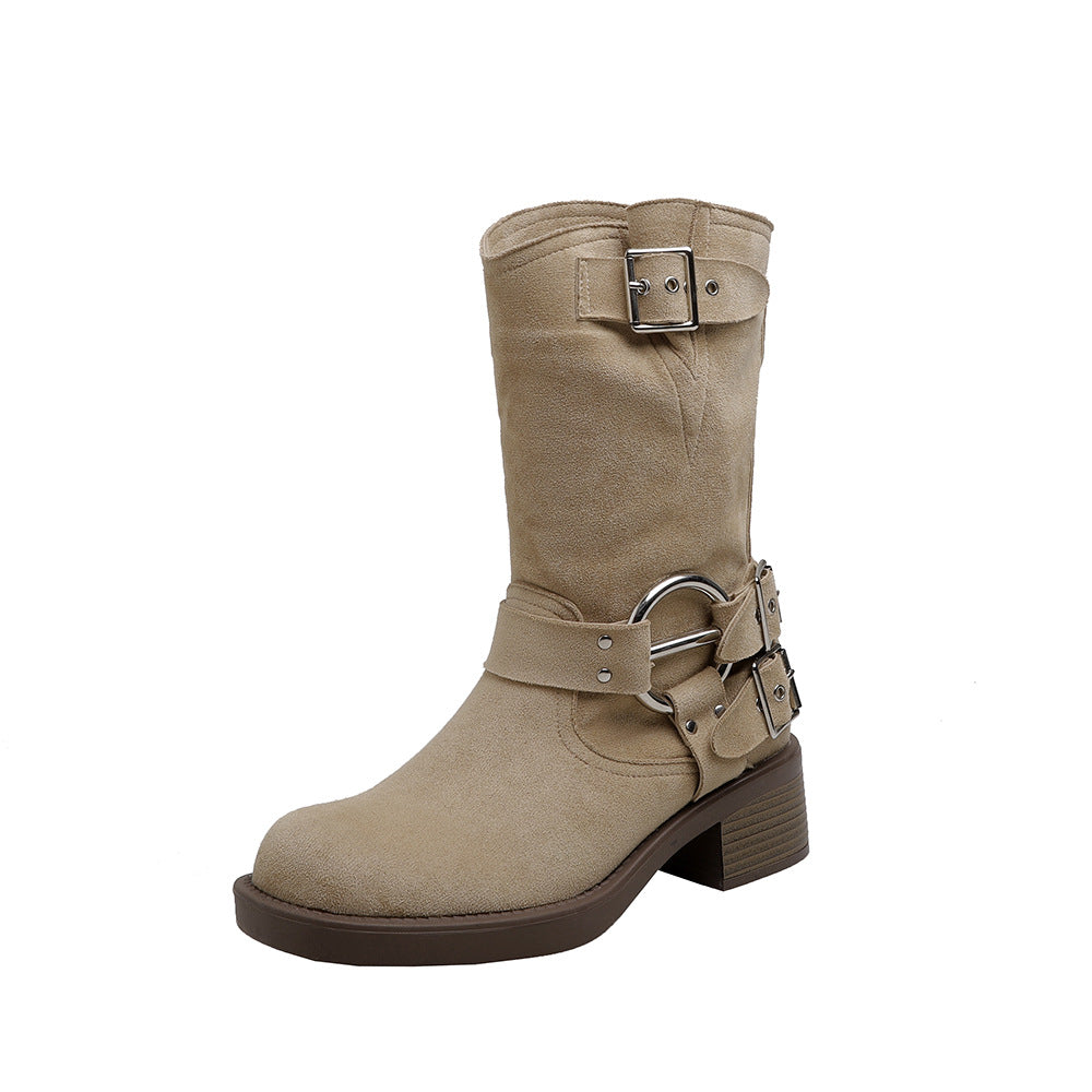 Retro Style Round Head Leisure Thick Heels