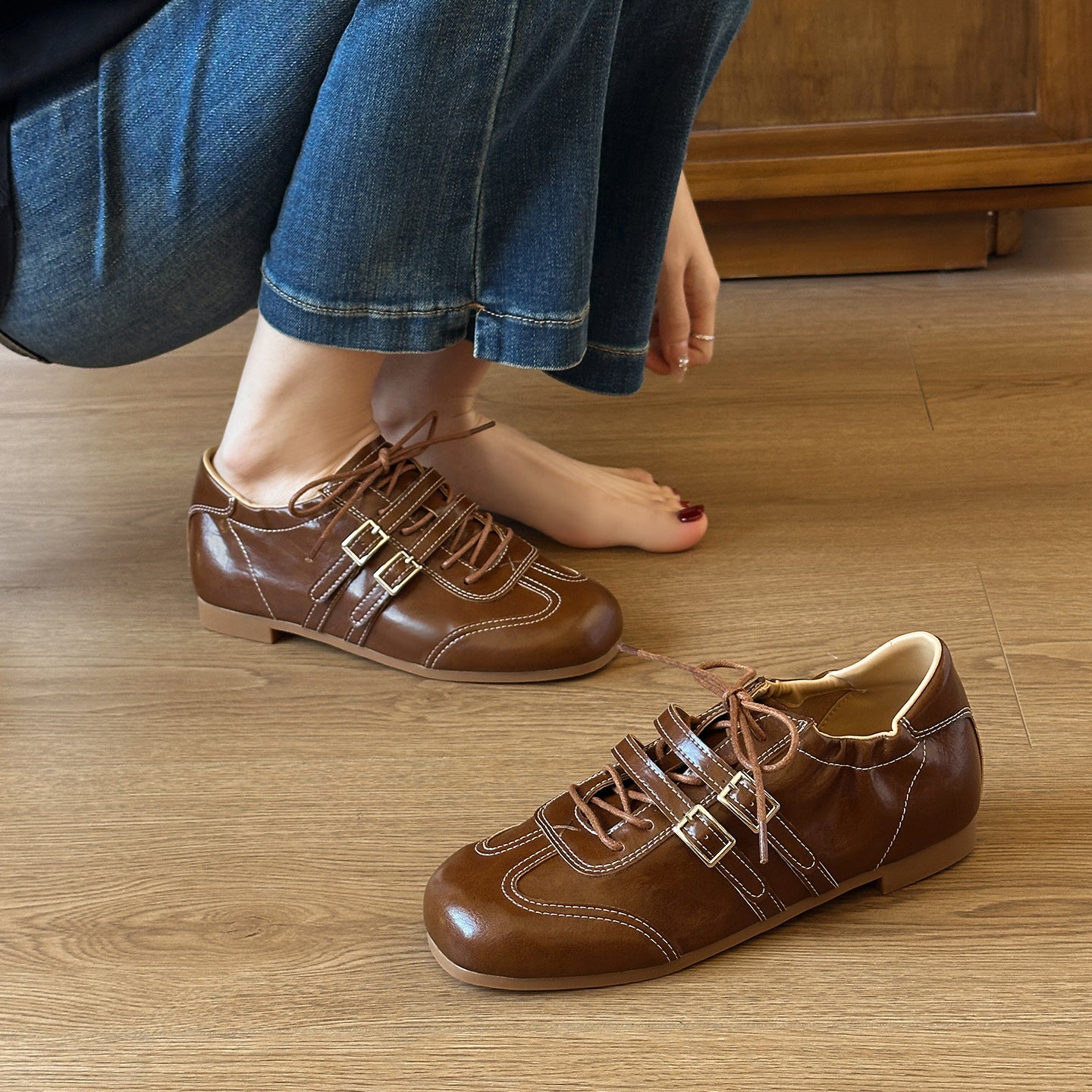 Women's Style Elevator Wild Chunky Square Toe Double Buckle Casual Shoes