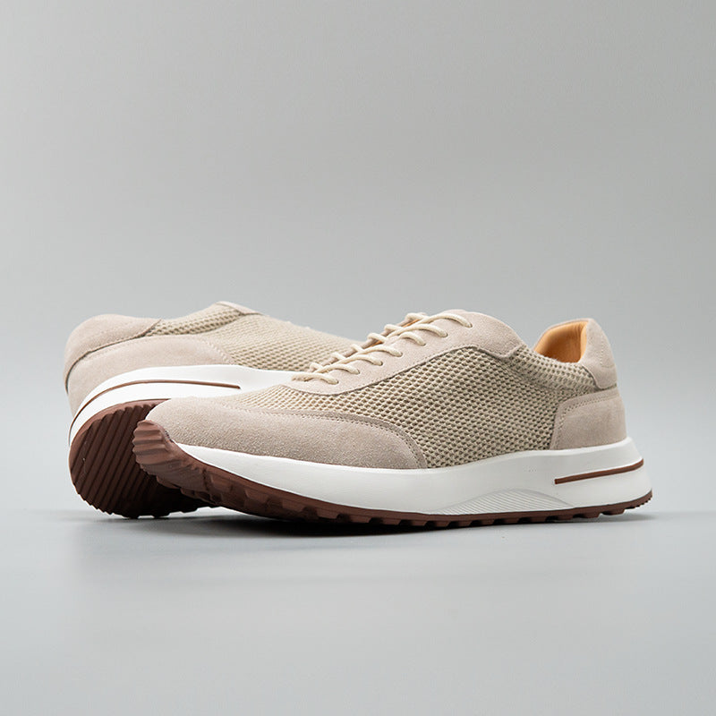 Men's Sand Color Lightweight Breathable Mesh Stitching Cow Split Men's Casual Leather Shoes