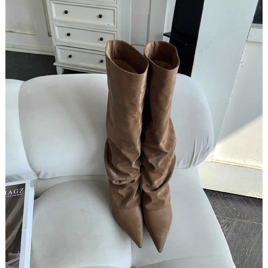 Women's Pleated Pile Style High Tube Slimming Below Women's Leather Boots