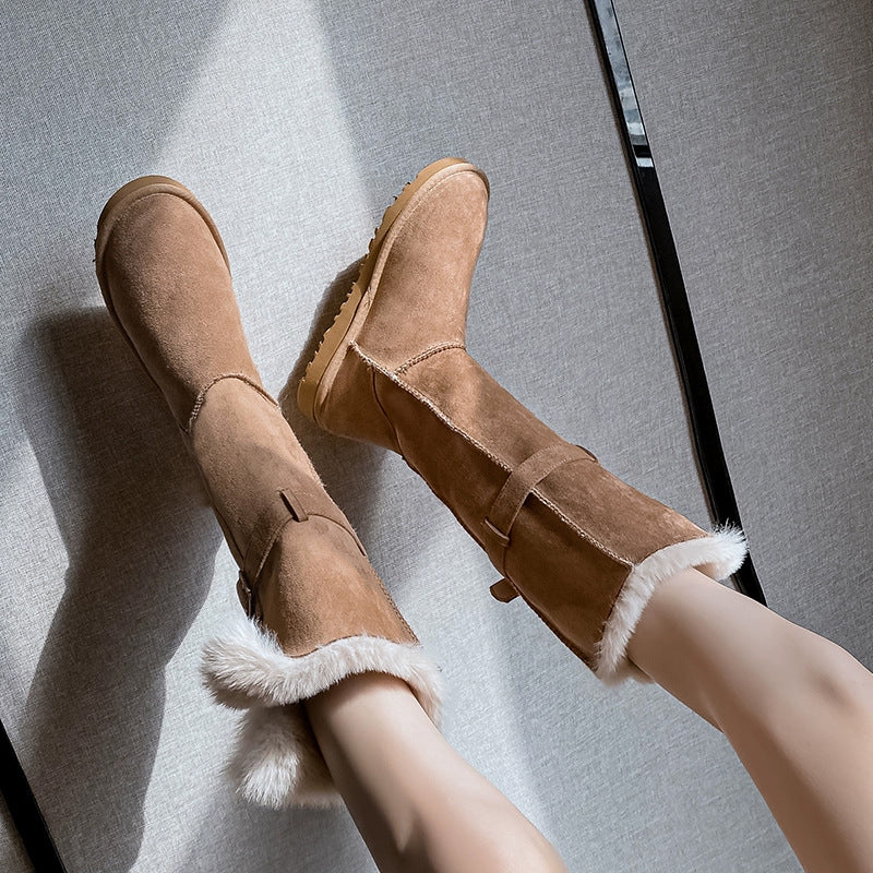 Women's Ring Two-way Real Fur Cowhide Wool Snow Boots